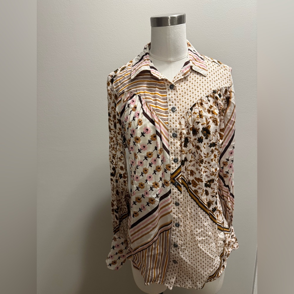 Free People Hazel Mixed Floral Patchwork Long-Sleeve Shirt - XS